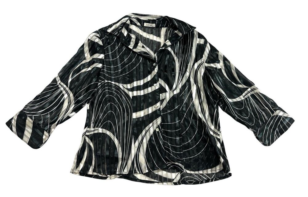 Jaipur Women’s Medium Black Silver Abstract Sheer Blouse Y2K Button Front